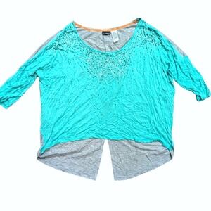 DAYTRIP Womens XXL Aqua Gray Studded Bling Shirt Tunic Top Hi Low Split Back